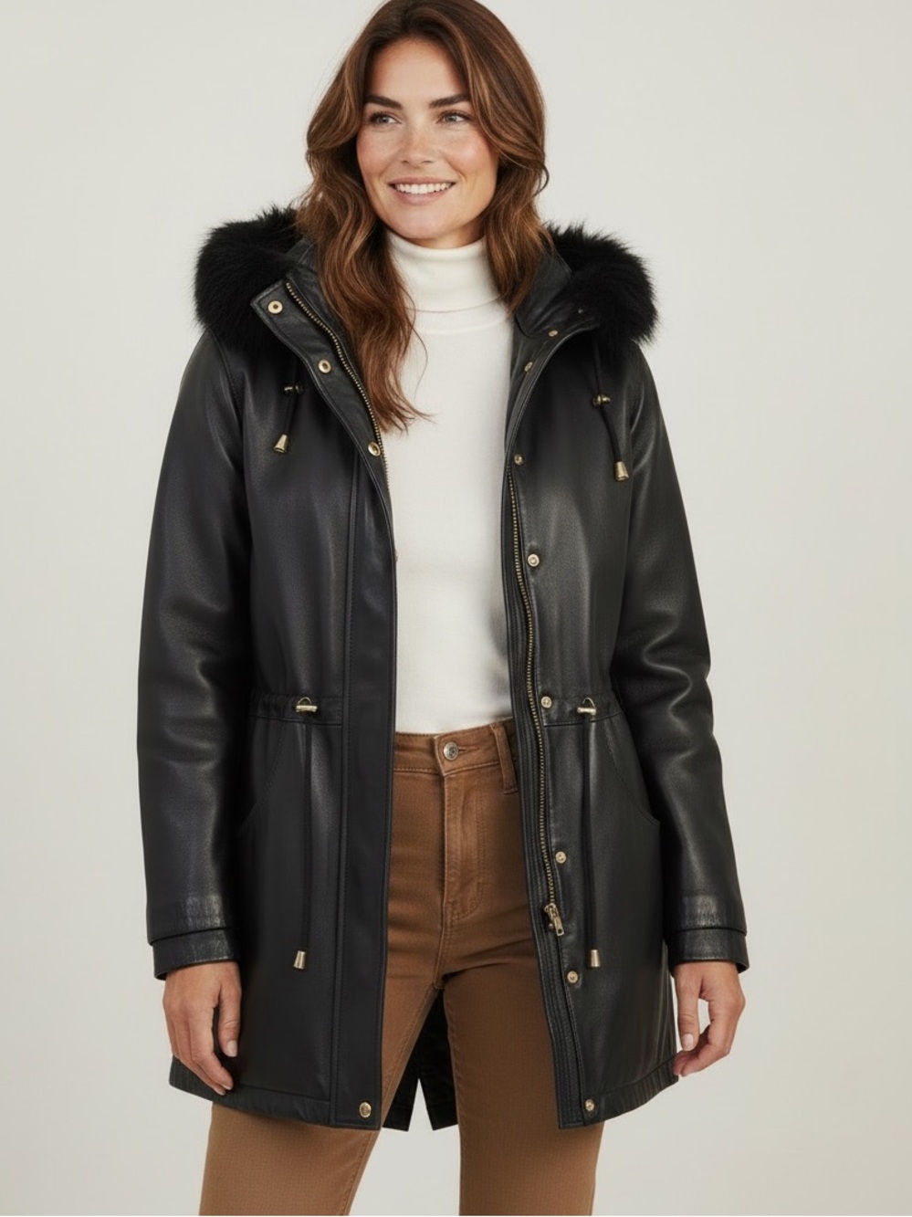 Worthington Black Genuine Lambskin Leather Hooded Parka with Genuine Fox Trim XL